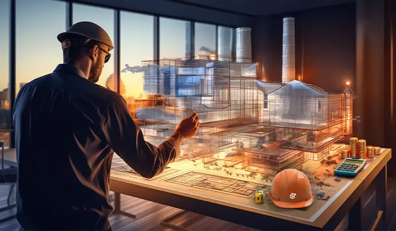 A professional preparing cost estimates for a construction project, visualizing a building using BIM models