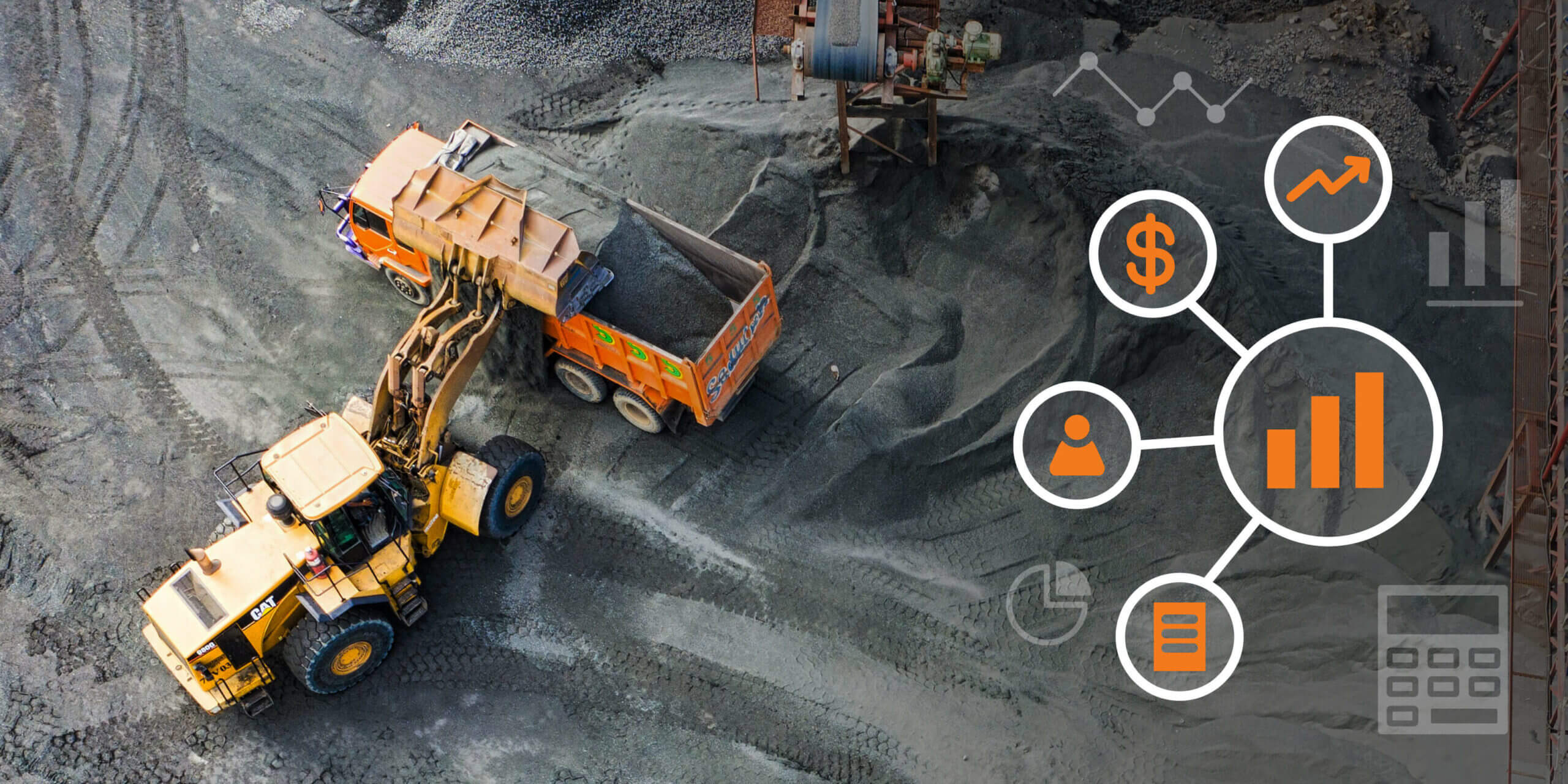 Construction machines alongside project infographics