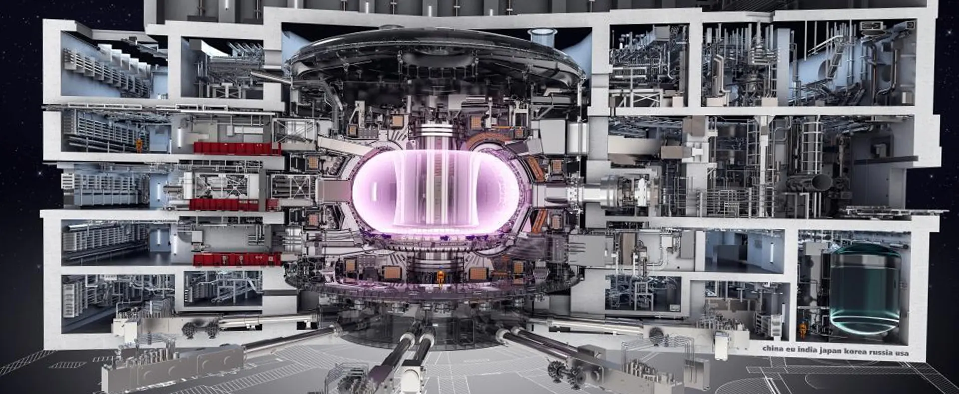 Fusion reactor with a purple oval mechanism Fusion reactor composed of numerous interconnected components with a purple oval mechanism in the middle