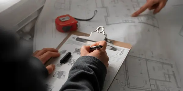 A professional checking project plans while preparing parametric estimates.