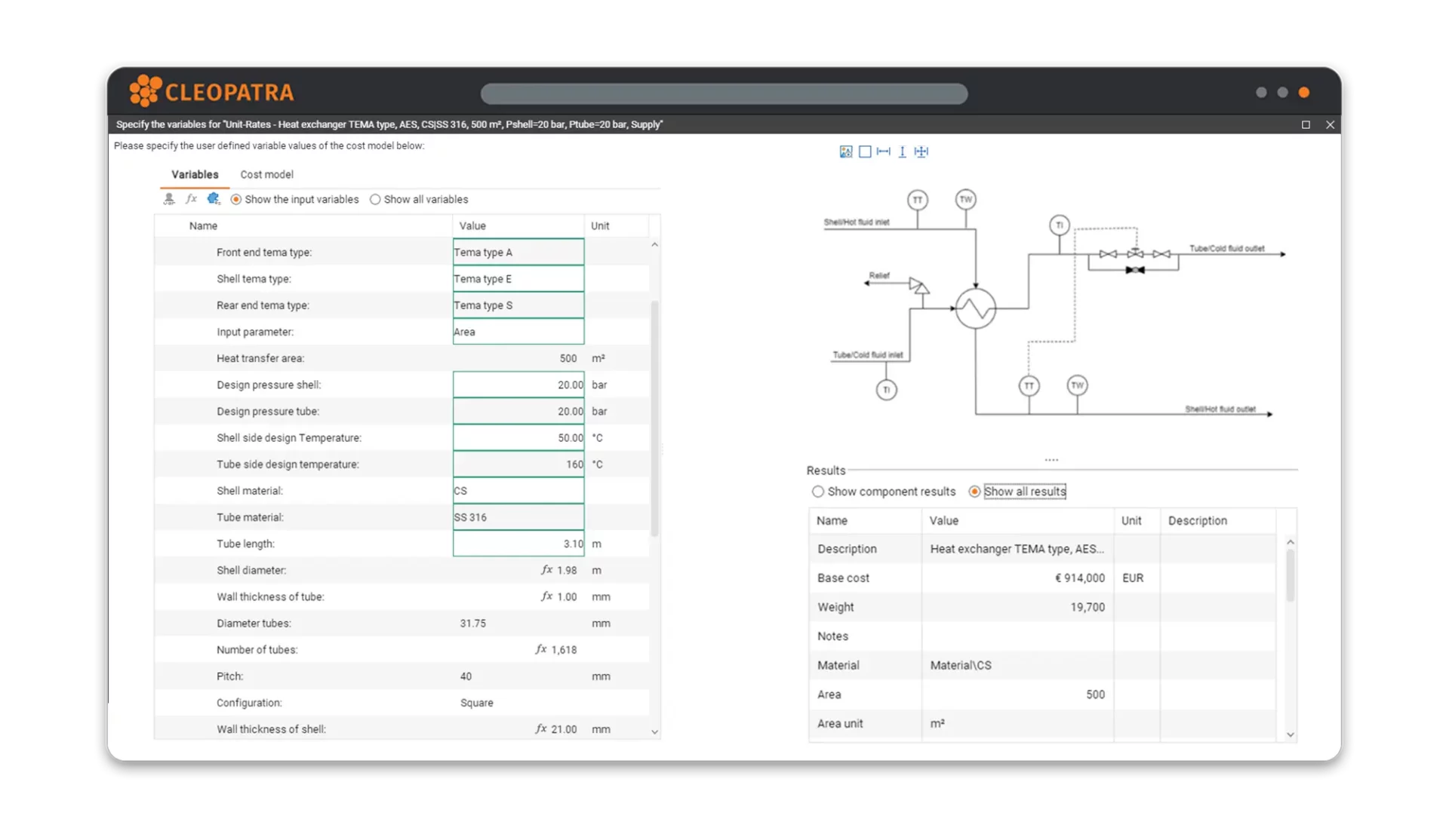 A cost estimating software dashboard that includes variables and cost models.