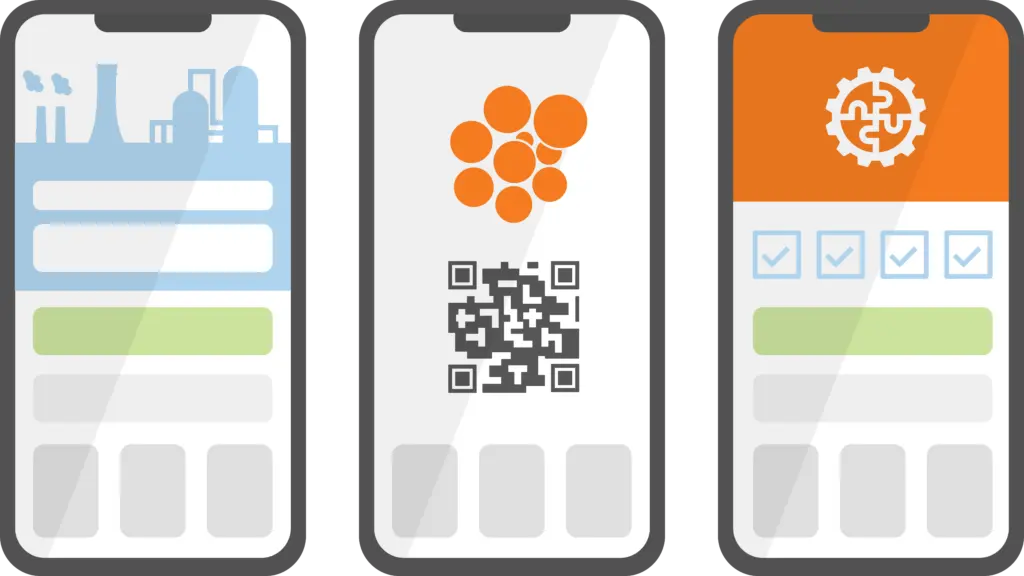 3 smartphones displaying a mobile solution for project and turnaround management with industrial graphics and input fields.