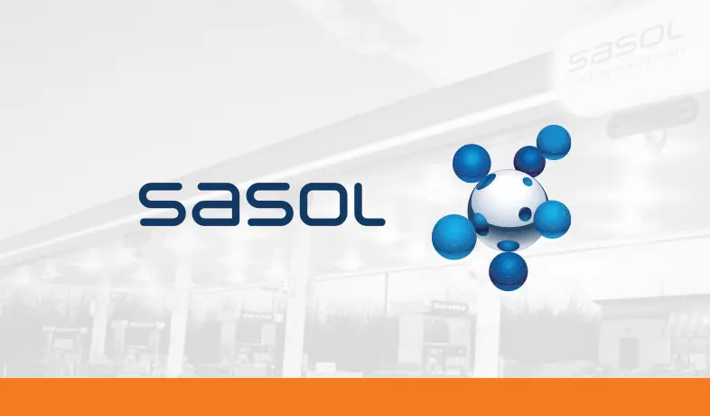 Sasol logo with a gas station in the background