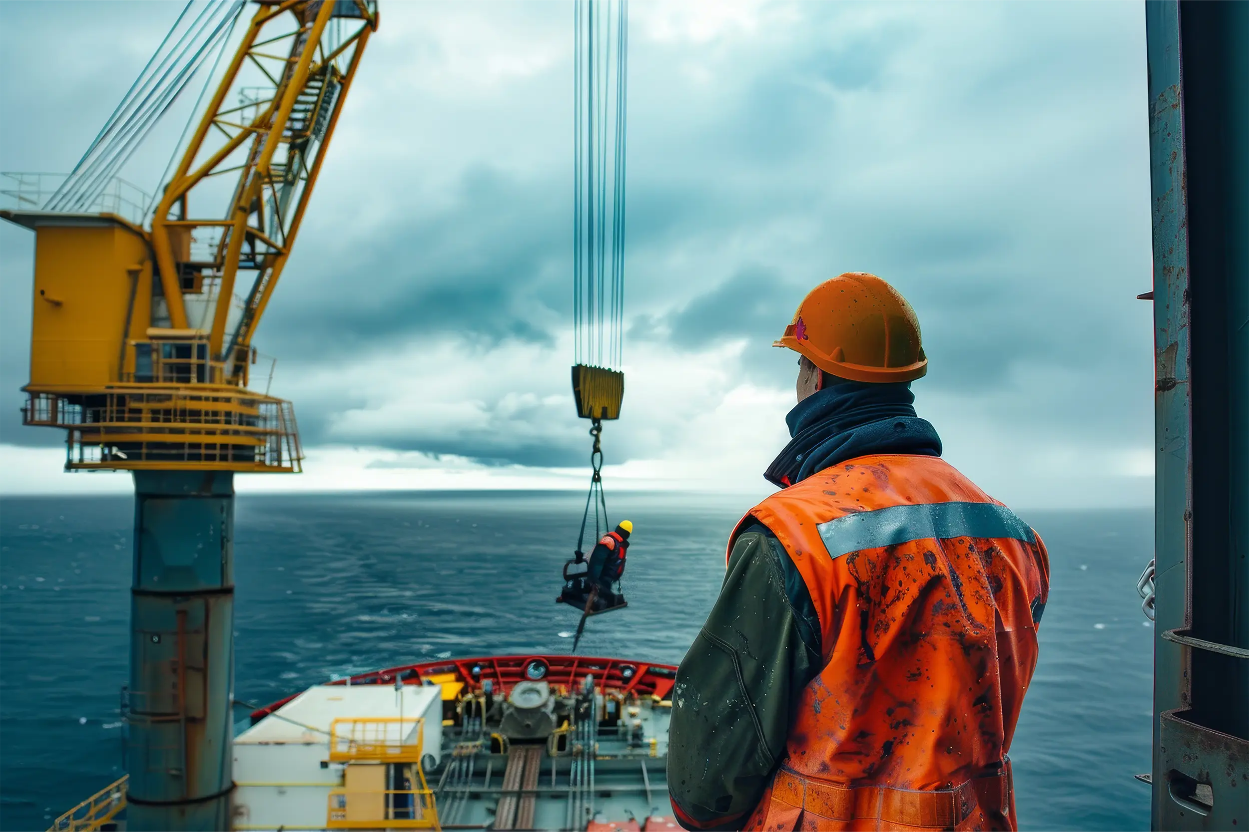 Worker with an orange safety vest standing on an offshore vessel with the crane in action