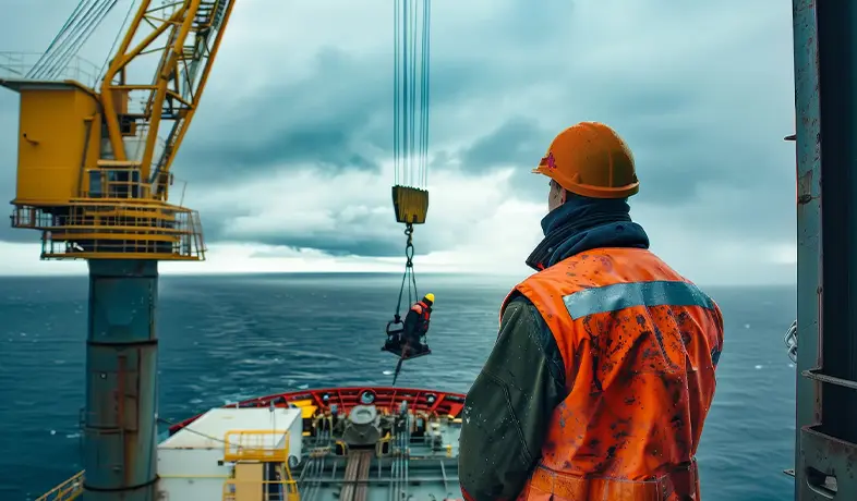 A worker with an orange safety vest standing on an offshore vessel with the crane in action