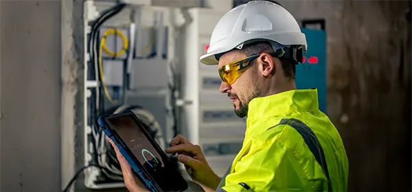 A field worker using a mobile device during capital project execution to complete a QA/QC inspection.