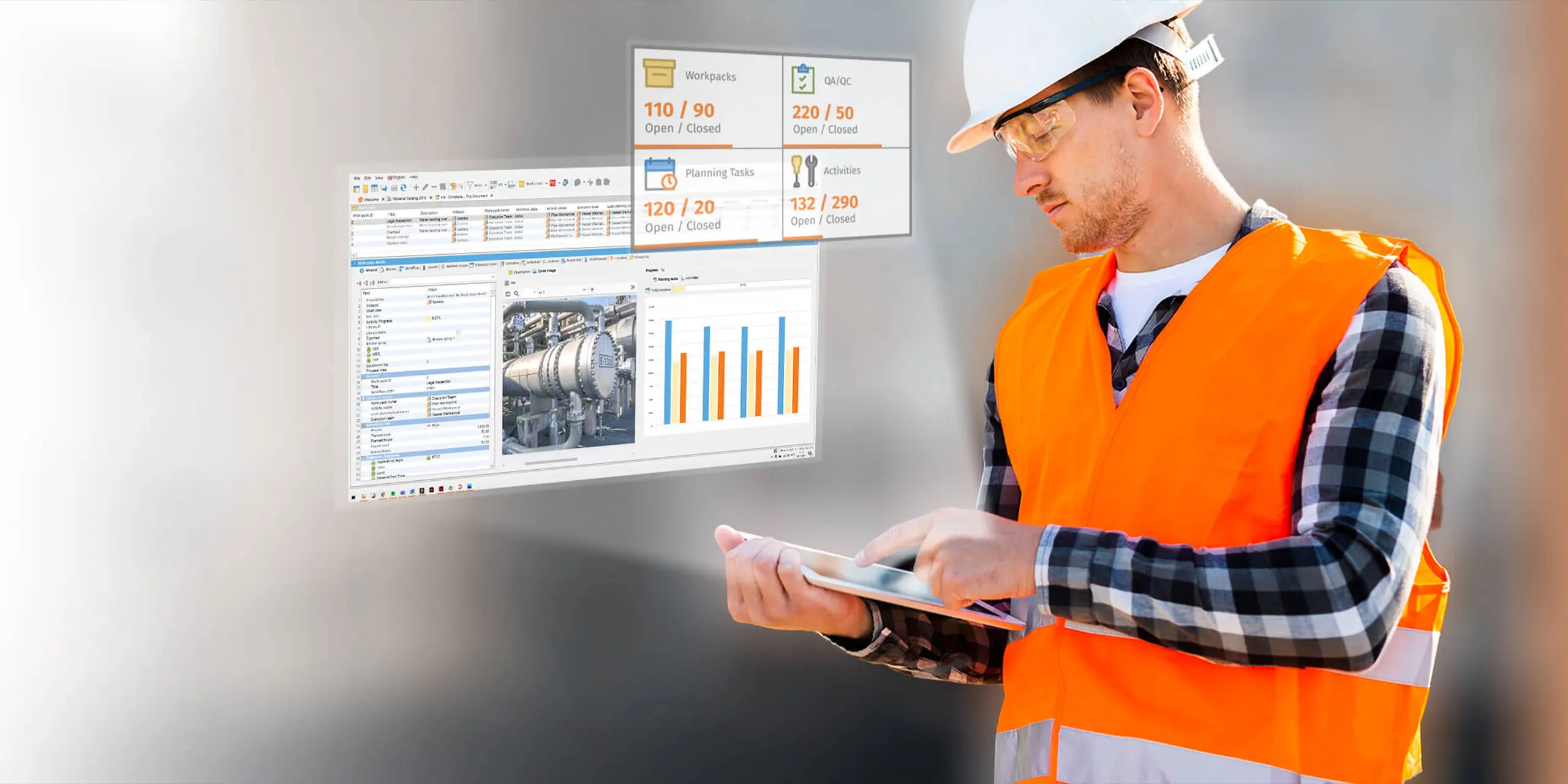 A professional monitoring workforce planning on a mobile device during a shutdown, turnaround, or outage event. 