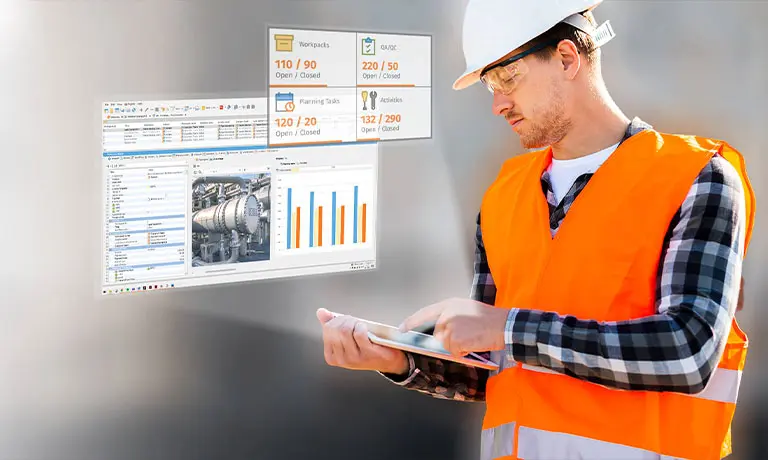 A professional monitoring workforce planning on a mobile device during a shutdown, turnaround, or outage event.