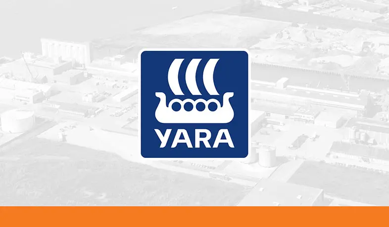 Yara logo with an industrial fertilizer facility in the background