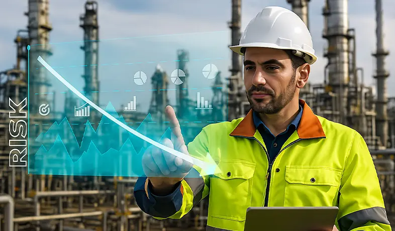 A worker adopting an integrated risk management approach during a turnaround with a mobile device.