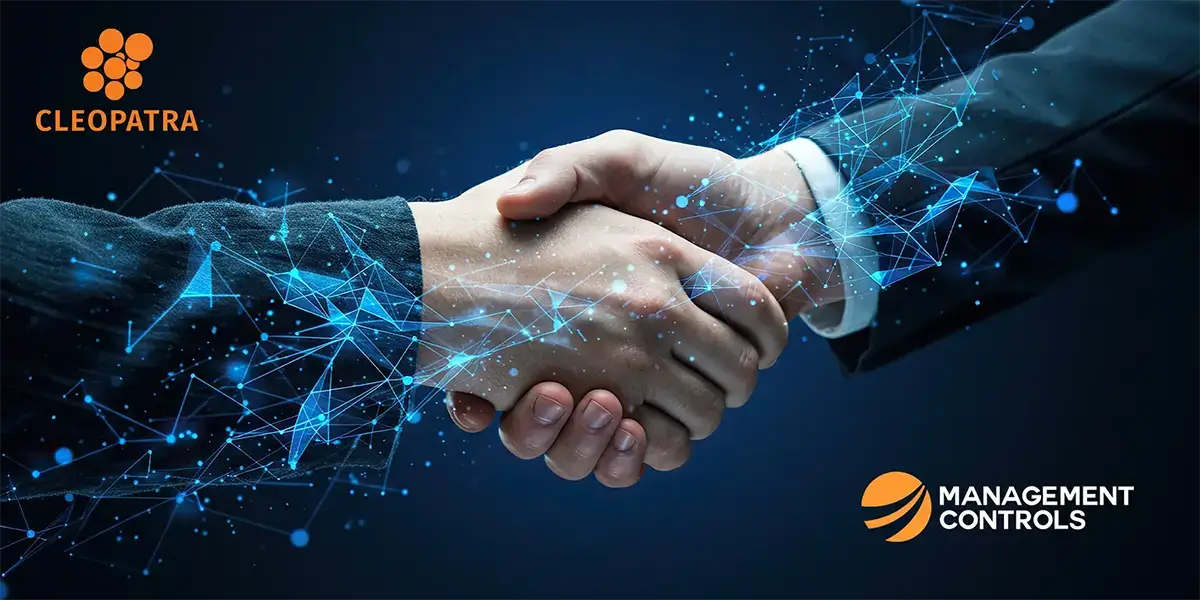 A handshake between Cleopatra Enterprise and Management Controls (MCi), representing their partnership in project controls.