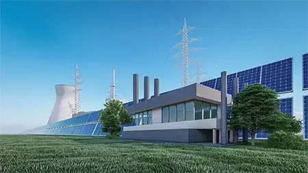 An energy power facility with sonal panels, cooling tower and power lines.