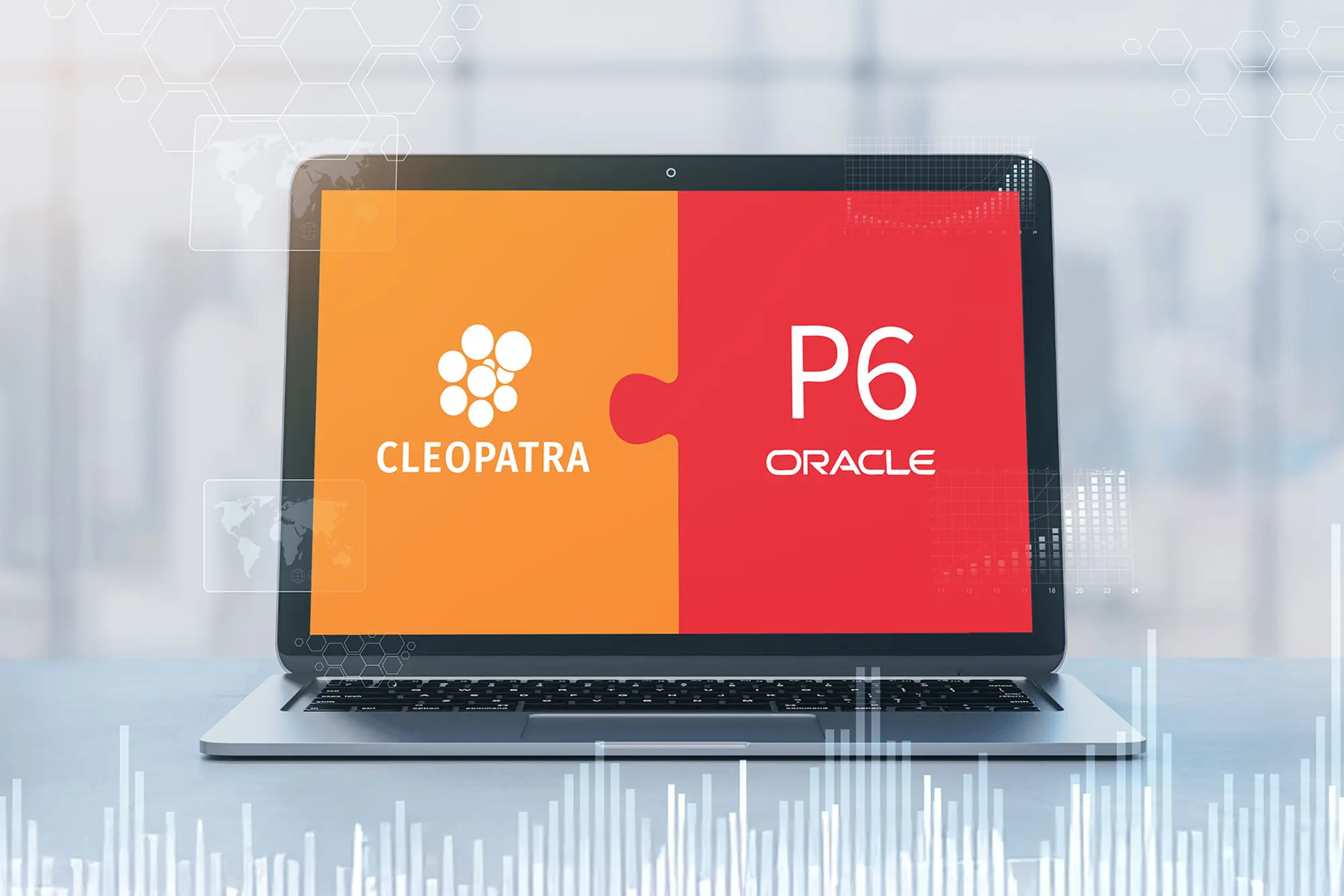 Cleopatra Enterprise logo and the Primavera P6 logo seamlessly integrated on a laptop screen