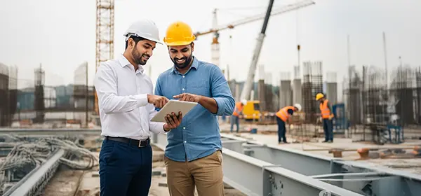 A successful construction project collaboration between an owner and a contractor monitoring progress on a tablet.