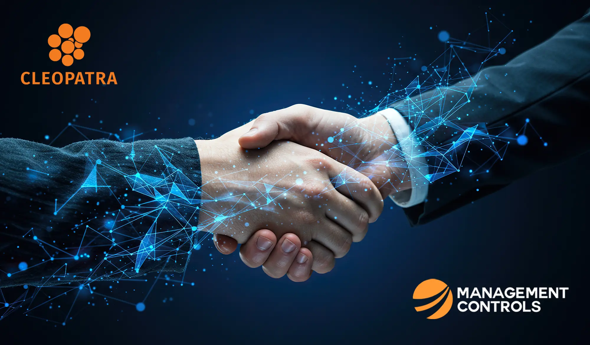 A handshake between Cleopatra Enterprise and Management Controls (MCi), representing their partnership in project controls.