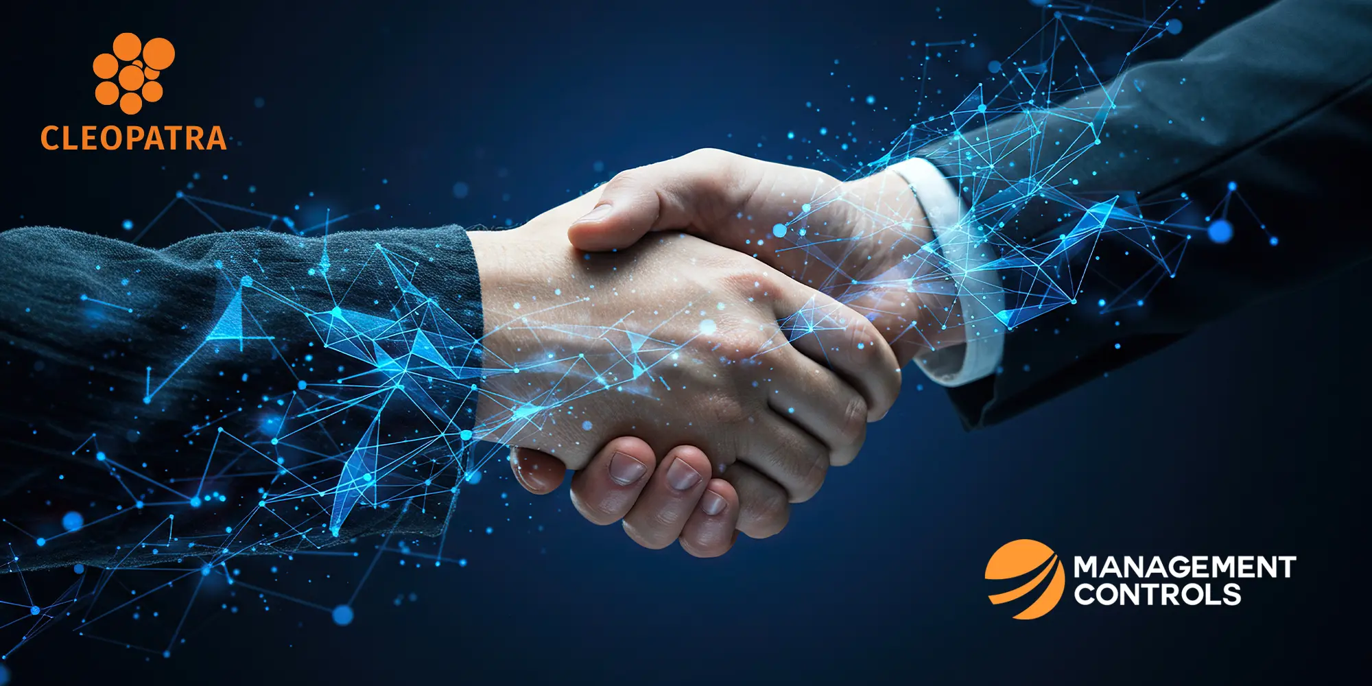 A handshake between Cleopatra Enterprise and Management Controls (MCi), representing their partnership in project controls.