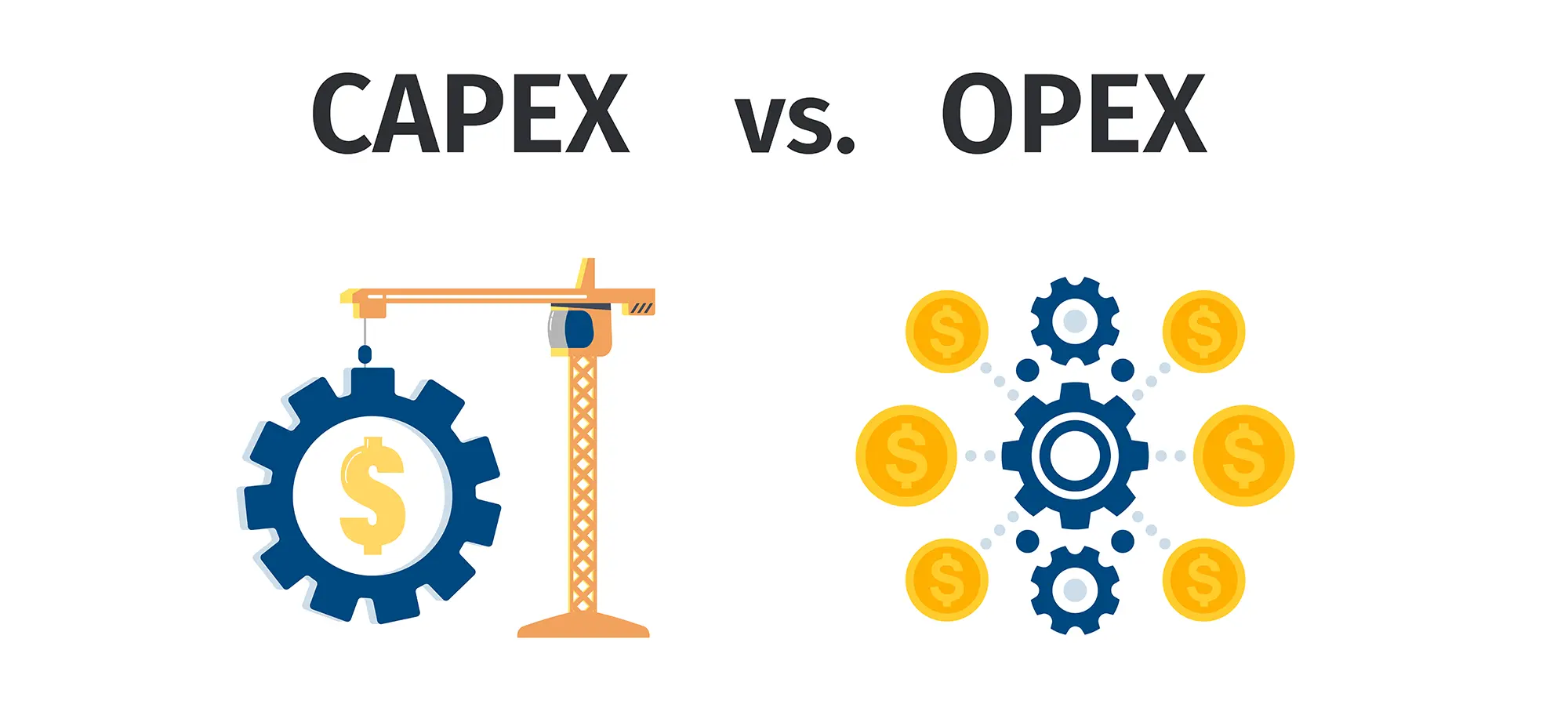 Capital expenditures (CAPEX) shown with a building crane vs operating expenditures (OPEX) shown with recurring expenses.