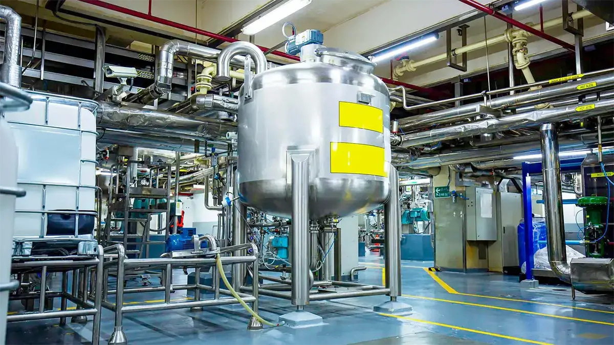 Modern chemical facility with stainless steel tanks, piping, and machinery on a gray floor, designed for processing
