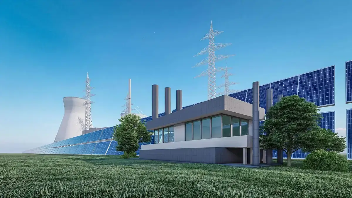 An energy power facility with sonal panels, cooling tower and power lines.
