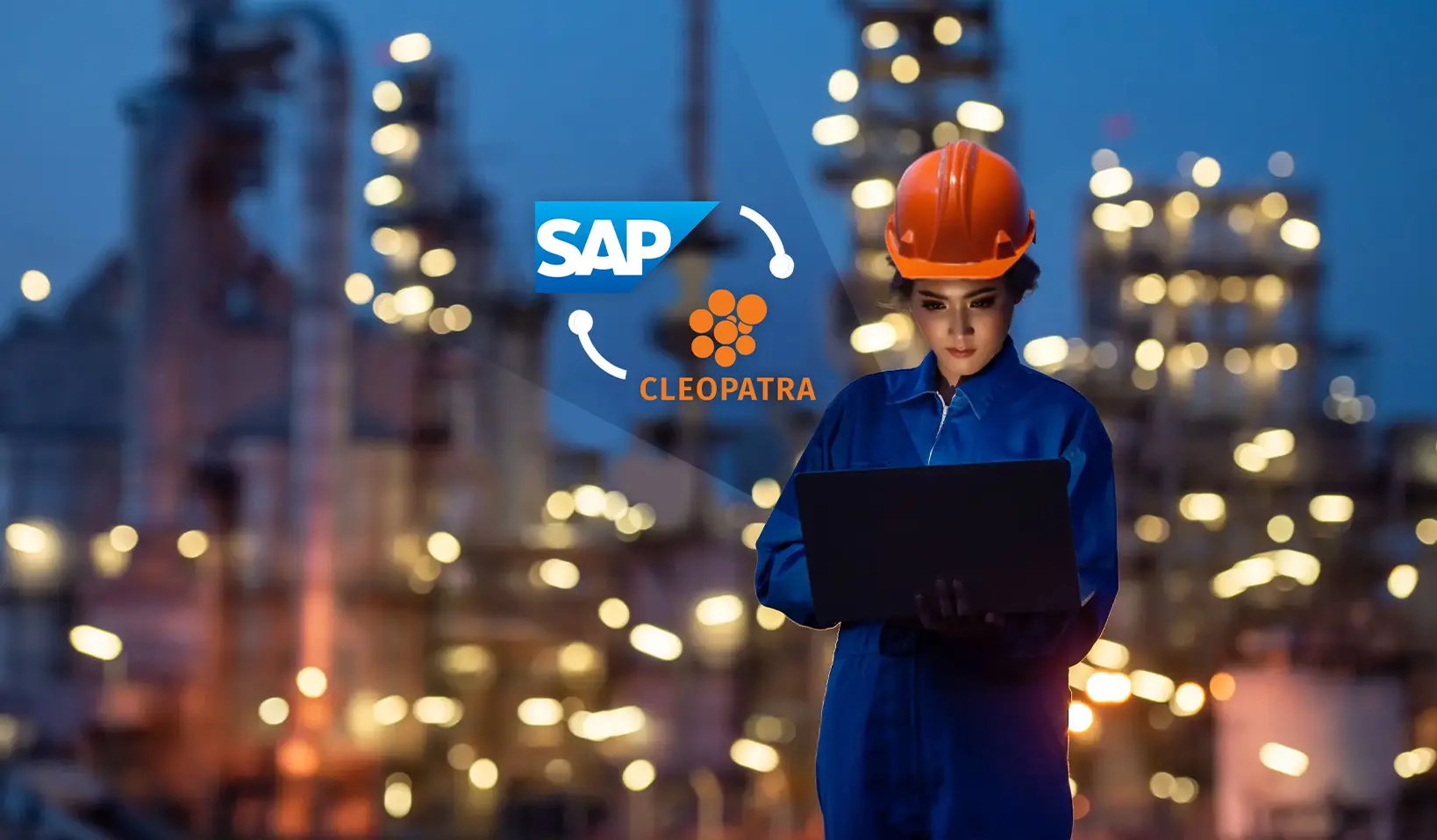Turnaround worker with Cleopatra and SAP logos working on a laptop