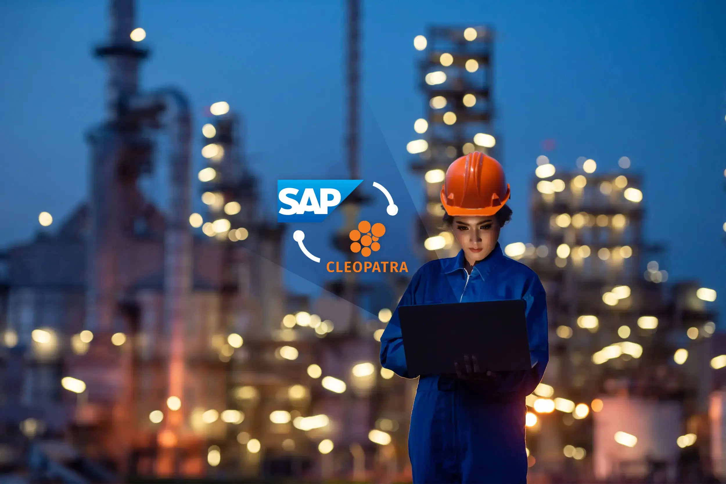 Turnaround worker with Cleopatra and SAP logos working on a laptop