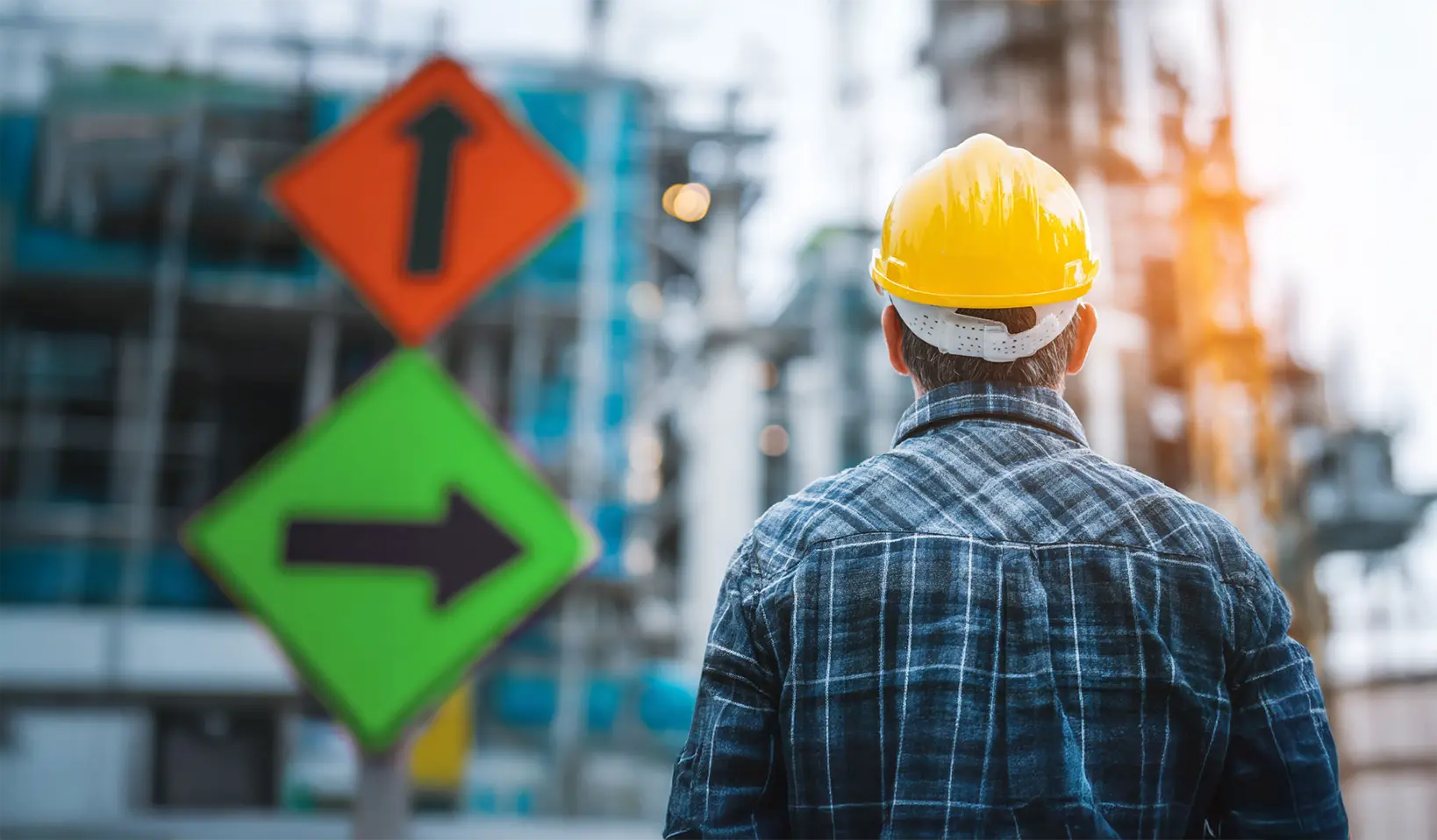 Worker in a yellow hard hat looking toward a turnaround facility with directional signs