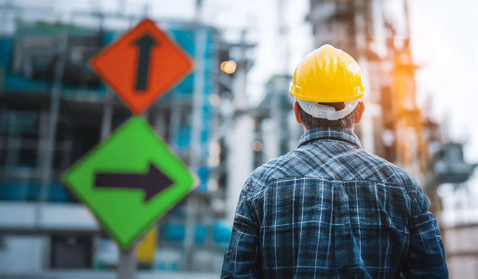 Worker in a yellow hard hat looking toward a turnaround facility with directional signs