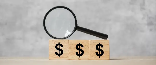 A magnifying glass on top of dollar blocks representing the identification of hidden costs in projects.