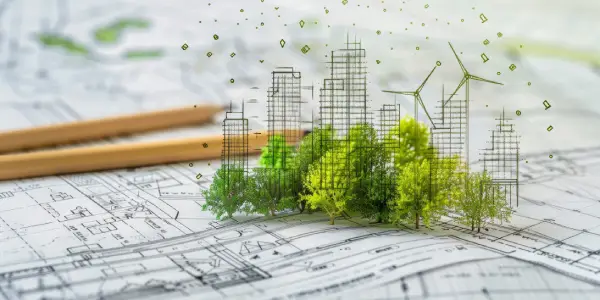Green city and blueprints representing sustainability in project cost planning.